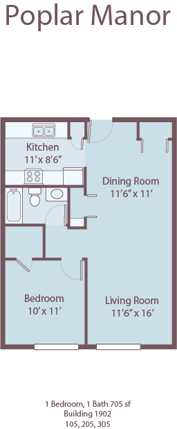 Floor plan for 1 bed, 1 bath, 708 sqft
